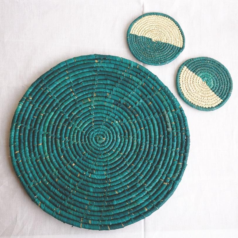 Decorative Green Woven Placemat and Coasters Set - Made with Natural Fibre | KalaGhar